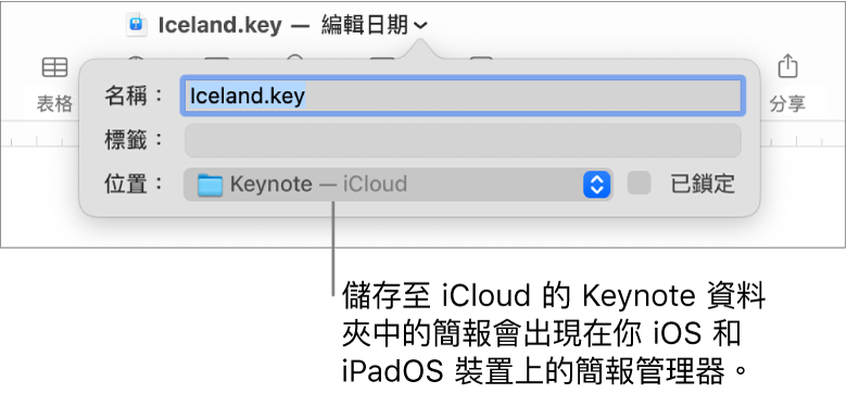 「位置」彈出式選單中帶有 Keynote—iCloud 之簡報的「儲存」對話框。