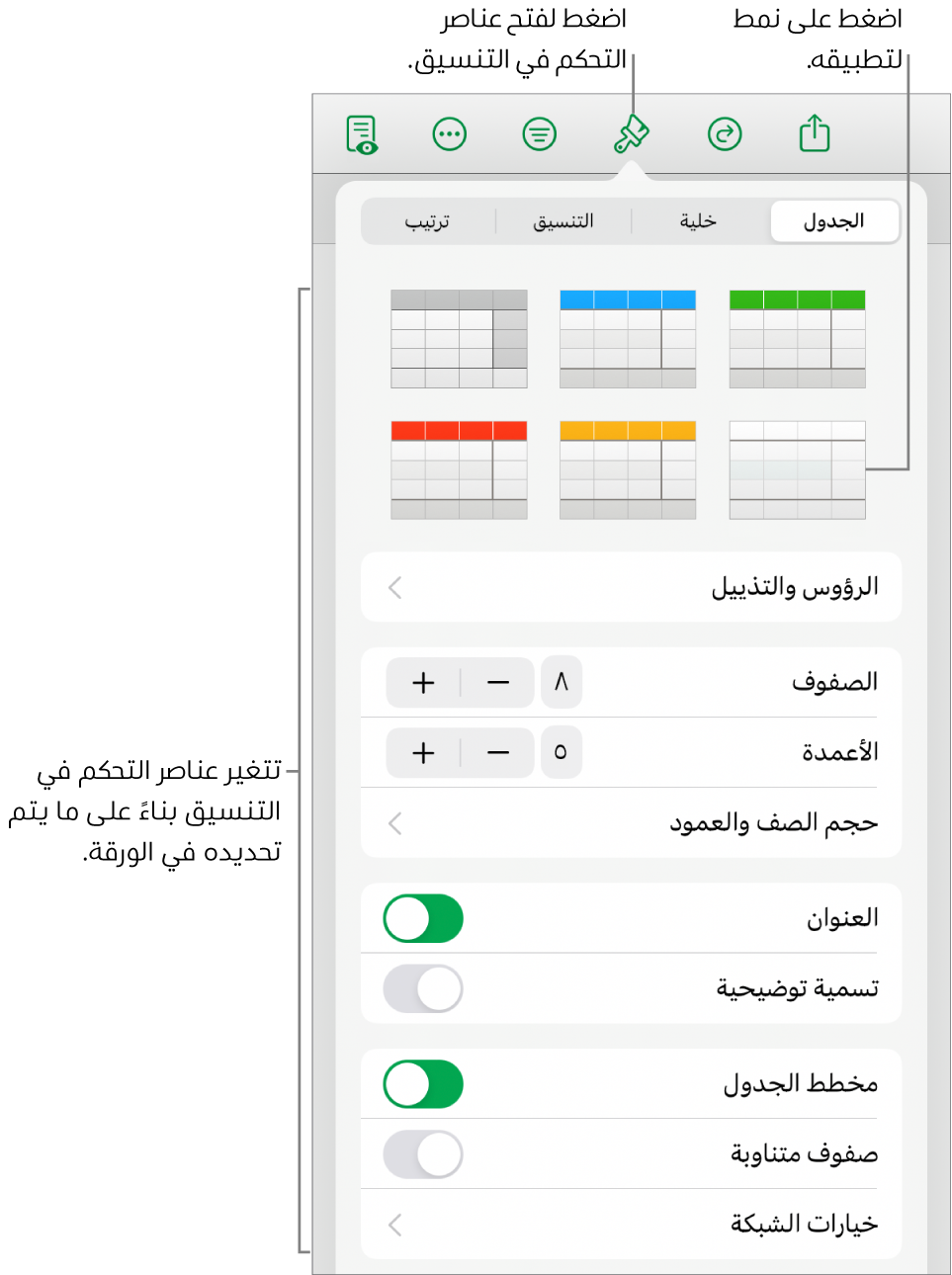 علامة تبويب الجدول ضمن قائمة التنسيق.