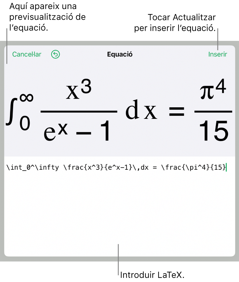 El quadre de diàleg Equació amb una equació escrita amb ordres LaTeX i una previsualització de la fórmula al damunt.