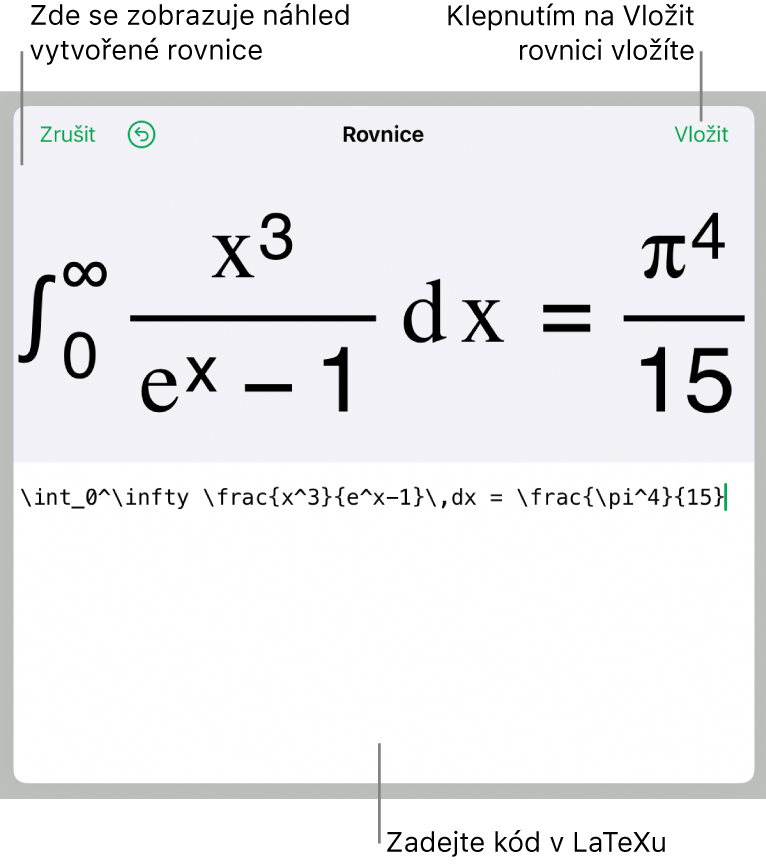 Dialogové okno Rovnice, v němž se zobrazuje zápis rovnice pomocí příkazů LaTeXu a nad ním náhled výsledného vzorce