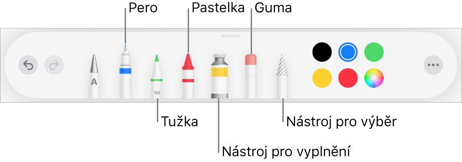 Panel nástrojů pro kreslení obsahující pero, tužku, pastel, nástroj výplň, nástroj pro výběr, gumu a výběr barev, který zobrazuje aktuální barvu. Úplně napravo se nachází tlačítko nabídky Více