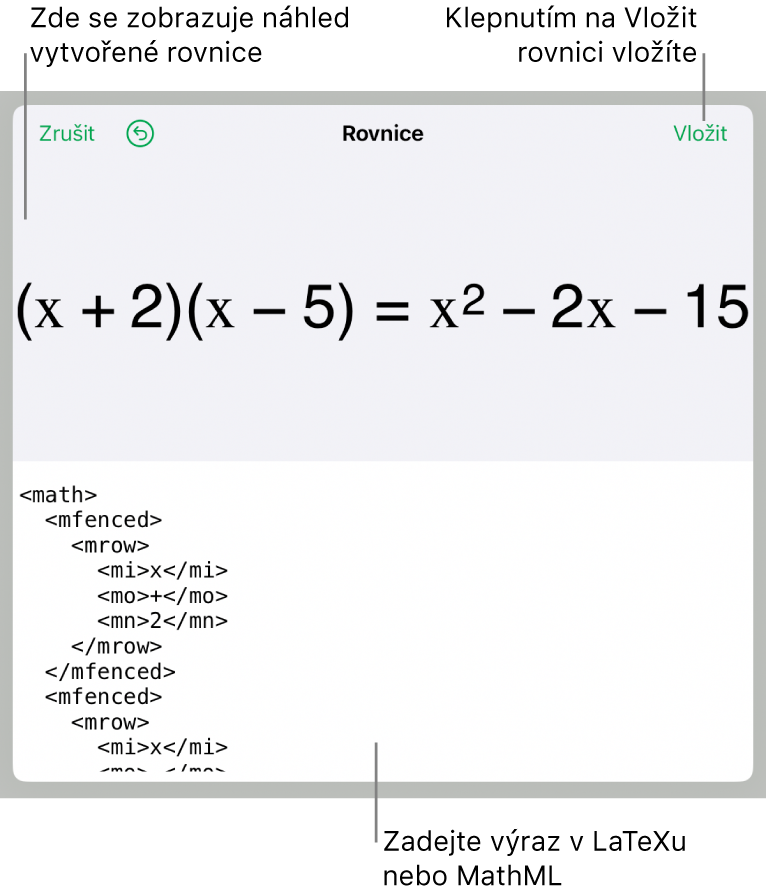 Dialogové okno Rovnice, v němž se zobrazuje zápis rovnice pomocí příkazů jazyka MathML a nad ním náhled výsledného vzorce