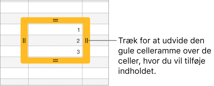 En valgt celle med en stor gul ramme, som du kan trække for at udfylde celler automatisk.