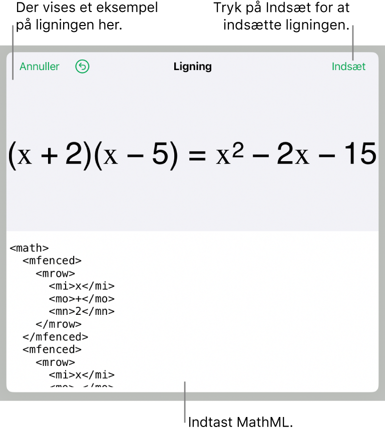 Dialogen Ligning, der viser ligningen skrevet ved hjælp af MathML-kommandoer og derover et eksempel på formlen.