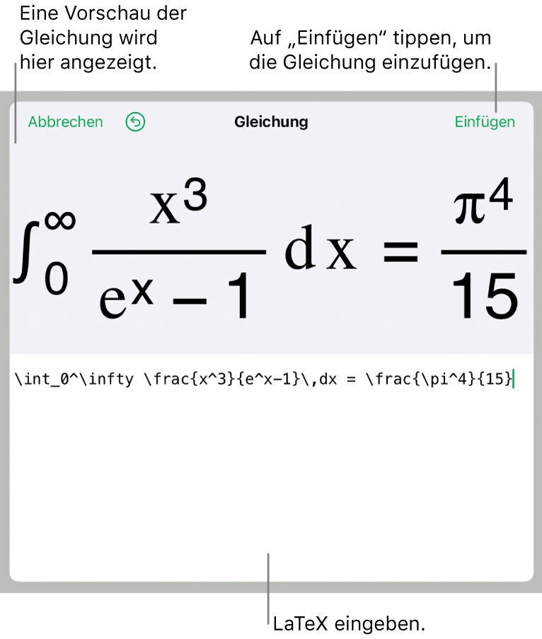 Im Dialogfenster „Gleichung“ wird eine Gleichung angezeigt, die mit LaTex-Befehlen geschrieben wurde, darüber wird eine Vorschau der Formel angezeigt.