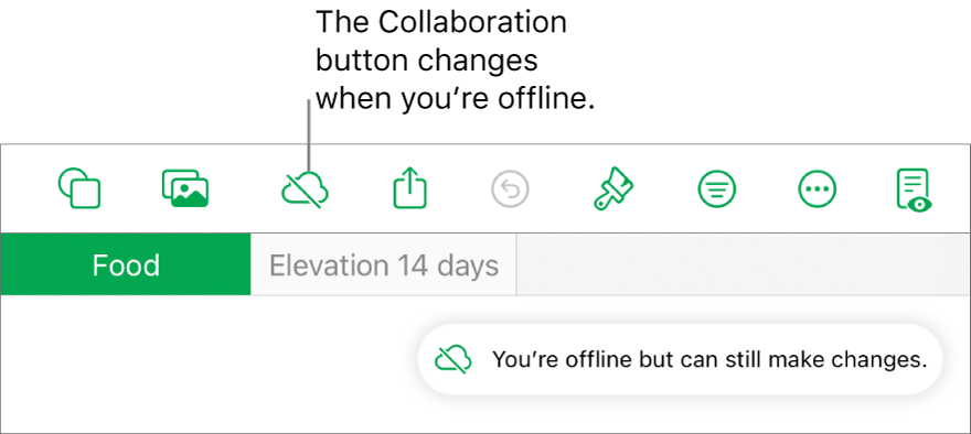 The buttons at the top of the screen, with the Collaboration button changed to a cloud with a diagonal line through it. An alert on the screen says “You’re offline but can still edit”.
