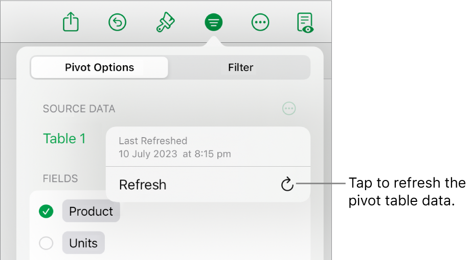 The Pivot Options menu showing the option to refresh the pivot table.