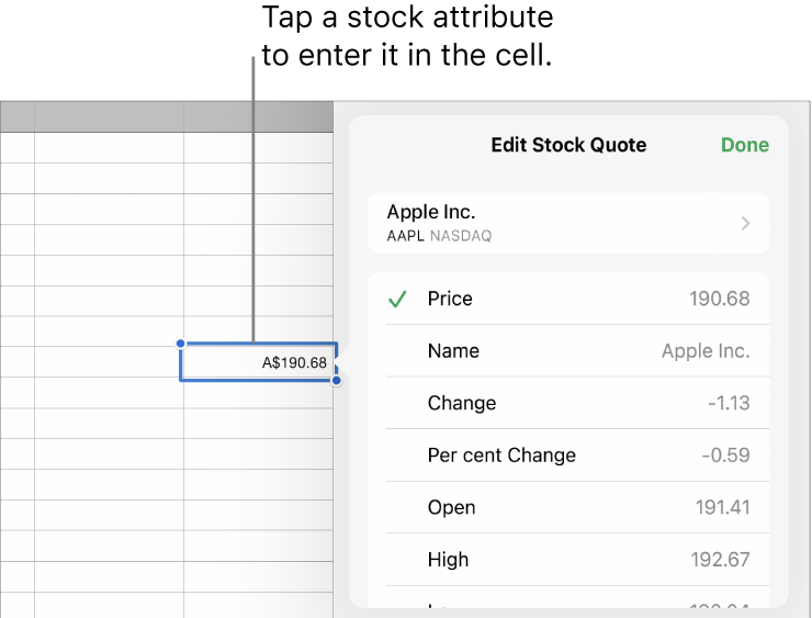 The stock quote popover, with the stock name at the top and selectable stock attributes including price, name, change, per cent change, open and high listed below.