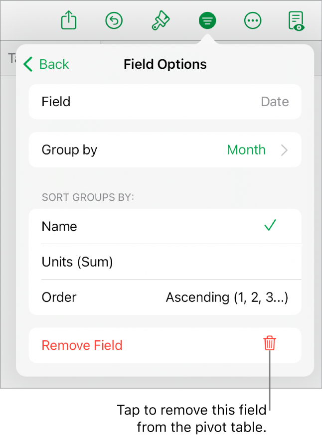 The Field Options menu, showing the controls for grouping and sorting data, as well as the option to remove a field.