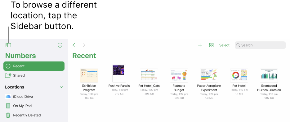 The browse view of the spreadsheet manager with a location link in the top-left corner and below it a Search field. In the top-right corner are the Add a Spreadsheet button; the New Folder button; a pop-up menu to use list or icon view, and to filter by name, date, size, kind and tag; and the Select button. Below these are thumbnails of existing spreadsheets.