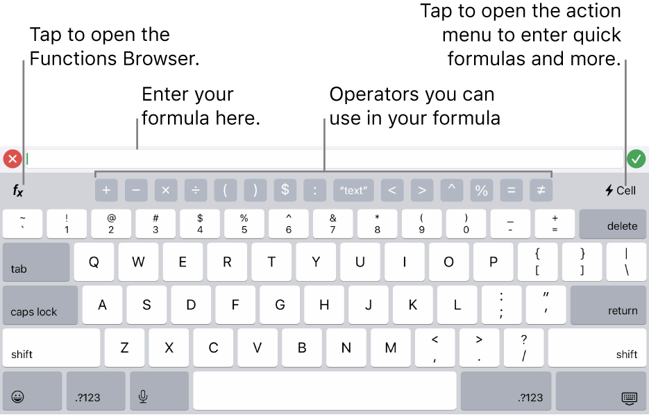The formula keyboard, with the formula editor at the top, and the operators used in formulas below it. The Functions button for opening the Functions Browser is to the left of the operators, and the Action menu button is to the right.