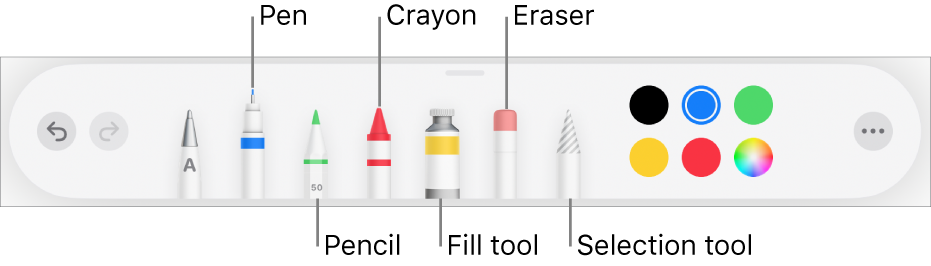 The drawing toolbar with a pen, pencil, crayon, fill tool, eraser, selection tool and colour well showing the current colour. On the far right is the More menu button