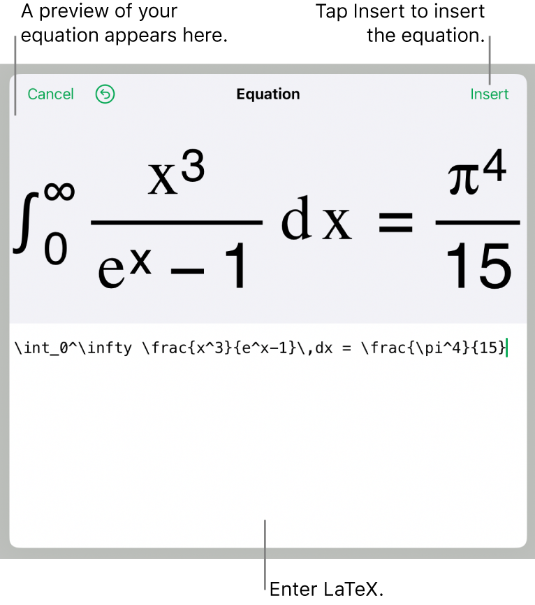 The Equation dialogue, showing an equation written using LaTex commands and a preview of the formula above.