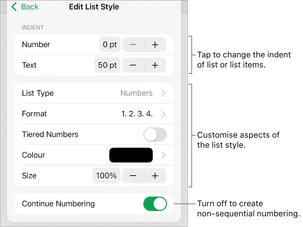 Edit List Style menu with controls for indent spacing, list type and format, tiered numbers, list colour and size, and continued numbering.
