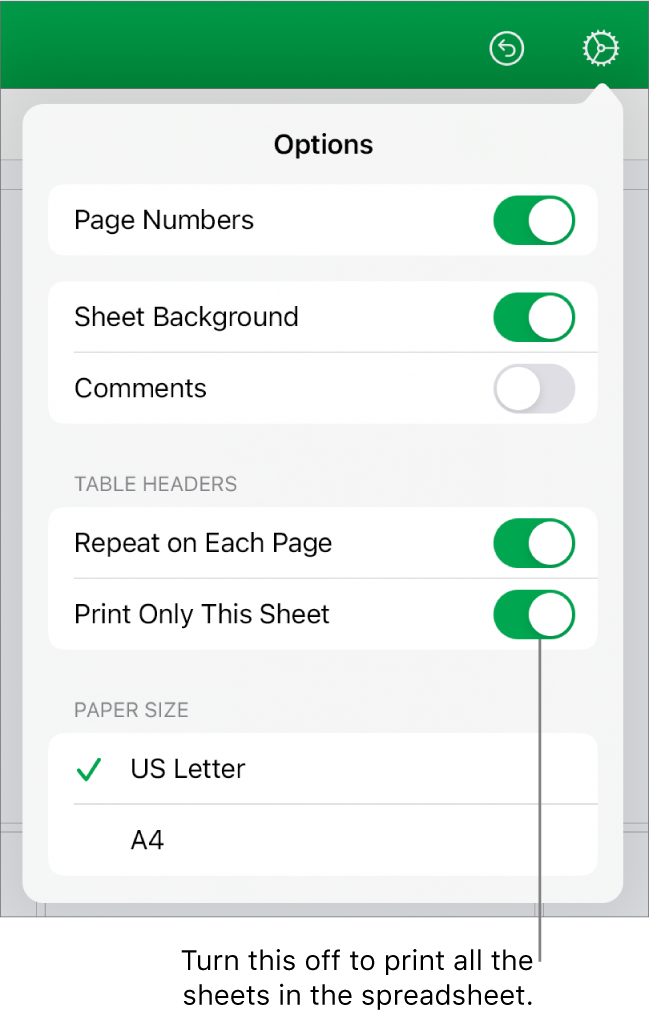The print preview pane, with controls for showing page numbers, repeating headers on each page, changing the paper size, and choosing to print the entire spreadsheet or only the current sheet.