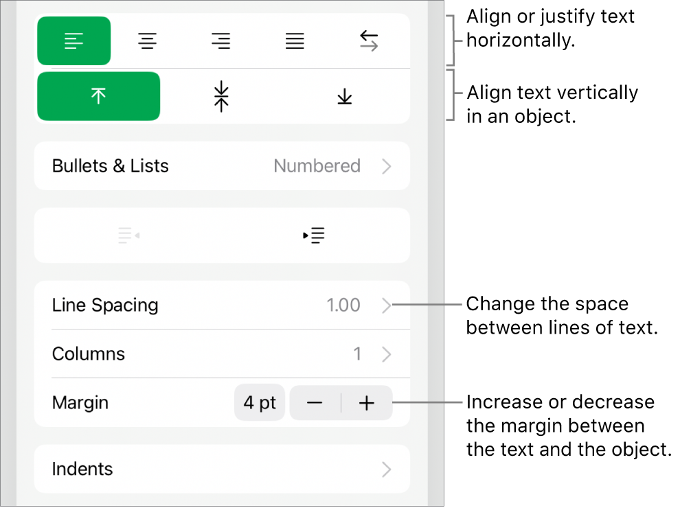 The Layout section of the Format inspector with callouts to the text alignment and spacing buttons.
