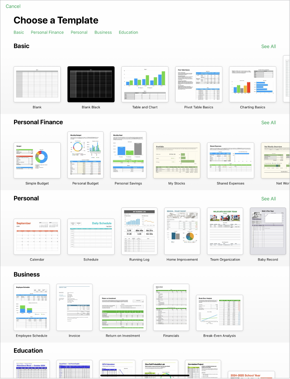 The template chooser, showing a row of categories across the top that you can tap to filter the options. Below are thumbnails of predesigned templates arranged in rows by category, starting with Recents at the top and followed by Basic and Personal Finance. A See All button appears above and to the right of each category row.