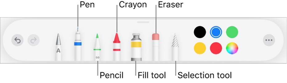 The drawing toolbar with a pen, pencil, crayon, fill tool, eraser, selection tool, and color well showing the current color. On the far right is the More menu button