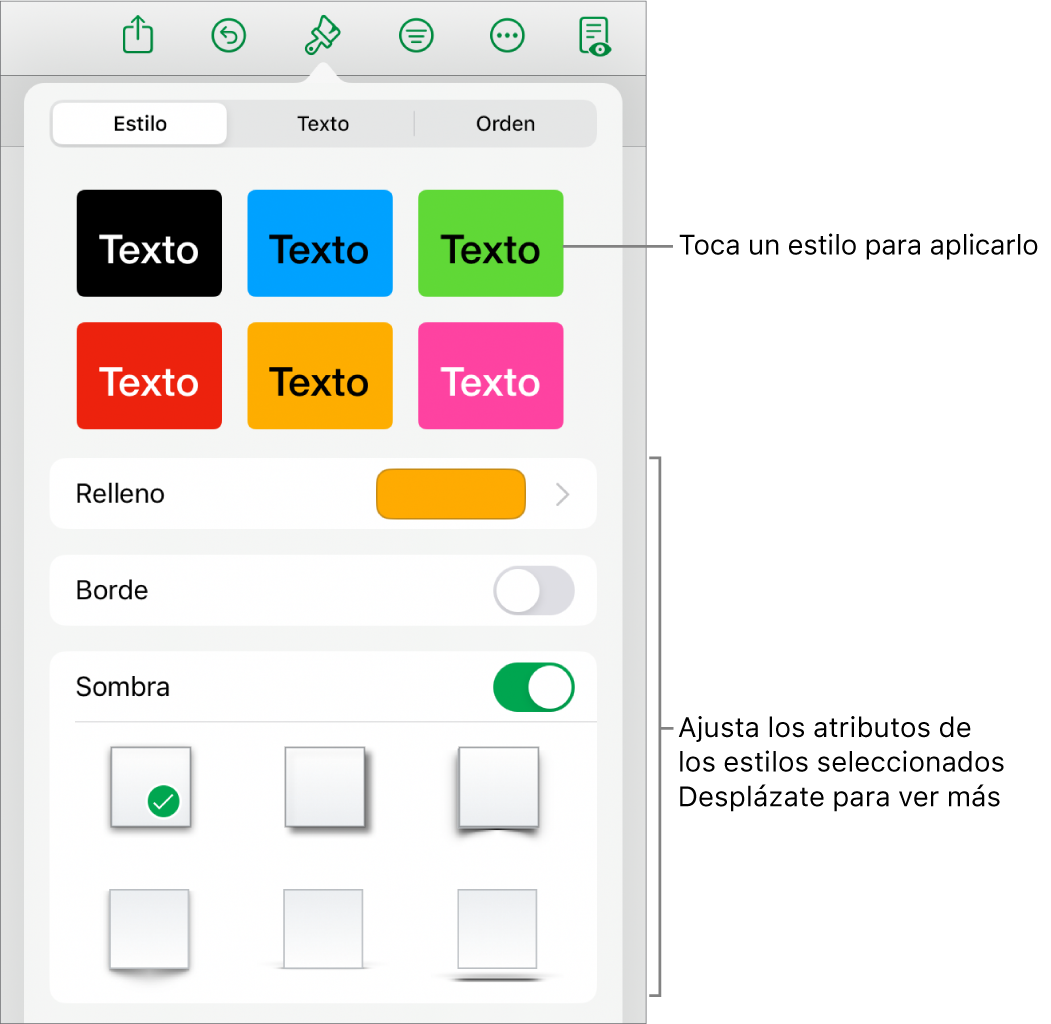 La pestaña Estilo del menú Formato con estilos de figura en la parte superior y controles debajo para cambiar el rellenar, el borde y la opacidad.