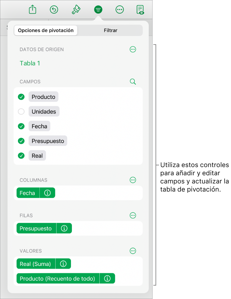 El menú Opciones de pivotación, en el que se muestran campos de las secciones Columnas, Filas y Valores, así como controles para editar los campos.