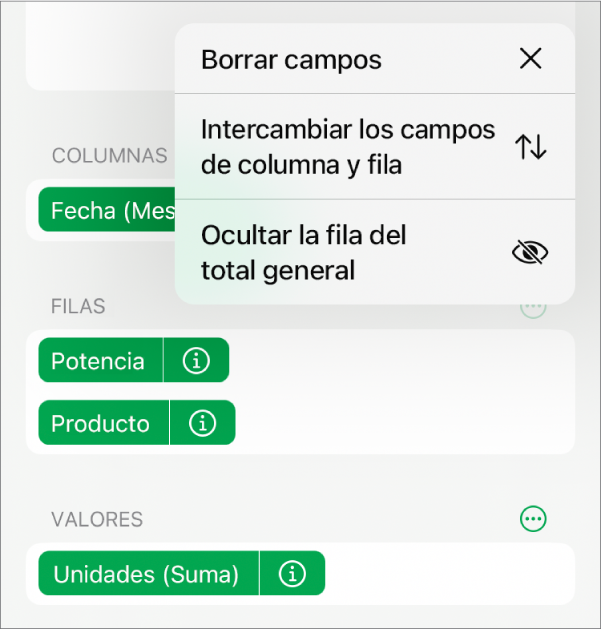 El menú Más opciones de campo, que muestra los controles para ocultar totales generales, intercambiar campos de columna y fila y borrar campos.
