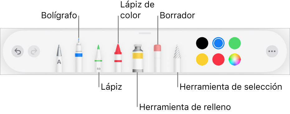 La barra de herramientas de dibujo con un bolígrafo, lápiz, lápiz de color, relleno, borrador, herramienta de selección y paleta de colores, que muestra el color actual. En el extremo derecho se encuentra el botón del menú Más.