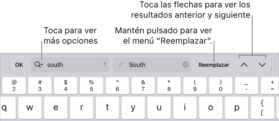 Los controles de “Buscar y reemplazar” en la parte superior del teclado con llamadas a los botones “Opciones de búsqueda”, Reemplazar, Arriba y Abajo.