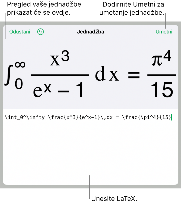 Dijaloški okvir Jednadžba koji prikazuje jednadžbu napisanu korištenjem LaTeX naredbi i prikaz gornje formule.