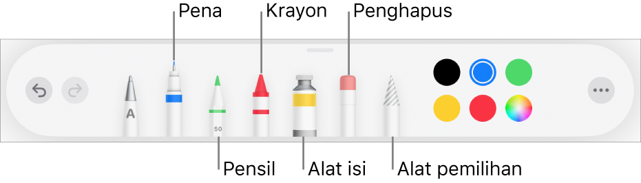 Bar alat gambar dengan alat pena, pensil, krayon, isi, penghapus, alat pemilihan, dan bidang warna yang menampilkan warna saat ini. Di ujung kanan terdapat tombol menu Lainnya