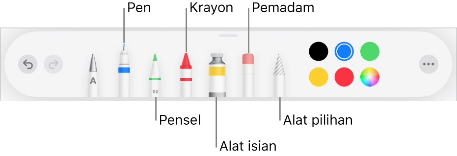 Bar alat melukis dengan pen, pensel, krayon, alat isian, pemadam, alat pilihan dan perigi warna menunjukkan warna semasa. Di hujung kanan ialah butang menu Lagi