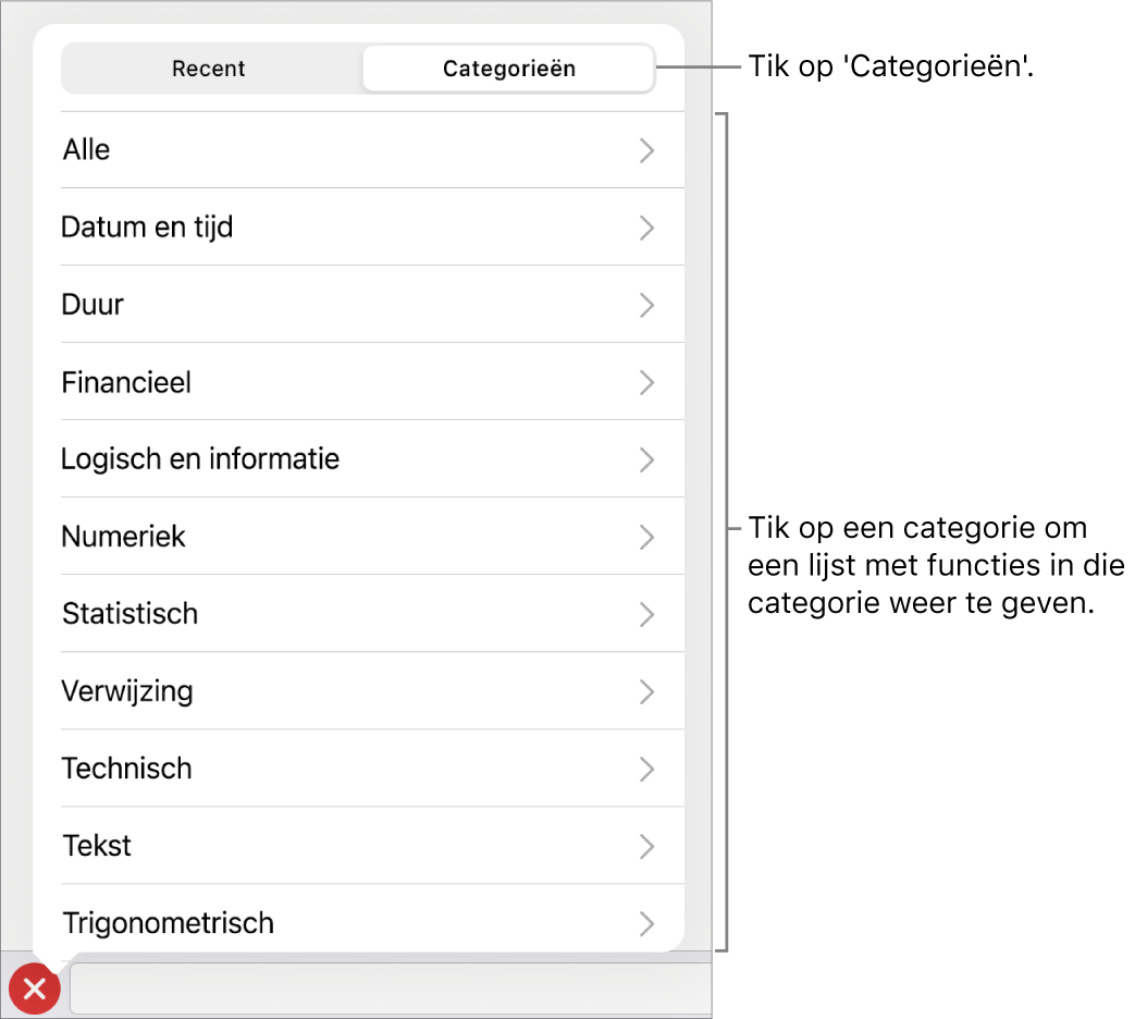 De functiekiezer met uitleg bij de knop 'Categorieën' en de lijst met categorieën.