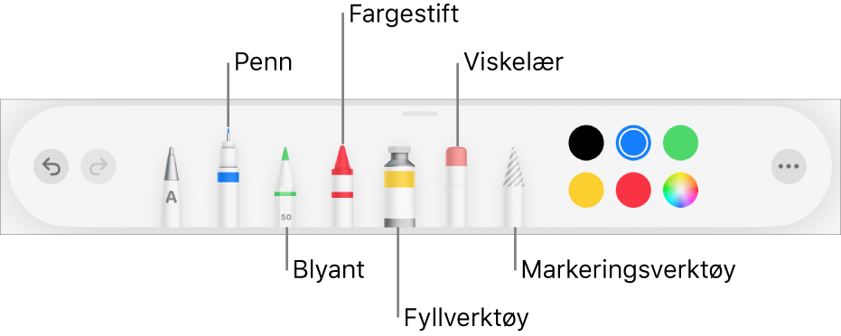 Tegneverktøylinjen med en penn, blyant, fargestift, fyllverktøy, viskelær, markeringsverktøy og fargefelt som viser den gjeldende fargen. Helt til høyre er Mer-menyknappen