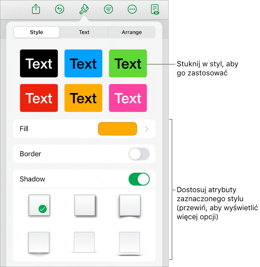Karta Styl w menu Format, zawierająca na górze style obiektów, a poniżej narzędzia pozwalające na zmienianie wypełniania, krawędzi i cienia.