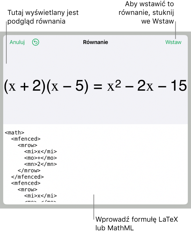 Pole dialogowe Równanie, zawierające równanie zapisane przy użyciu języka MathML. Powyżej widoczny jest podgląd tego równania.