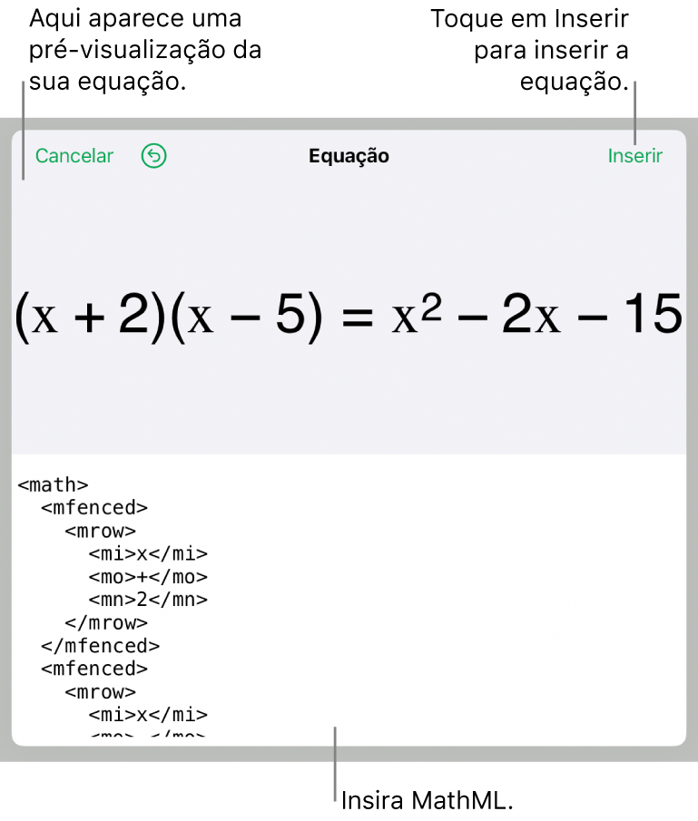 O diálogo de Equação, mostrando uma equação escrita com comandos MathML e uma pré-visualização da fórmula acima.