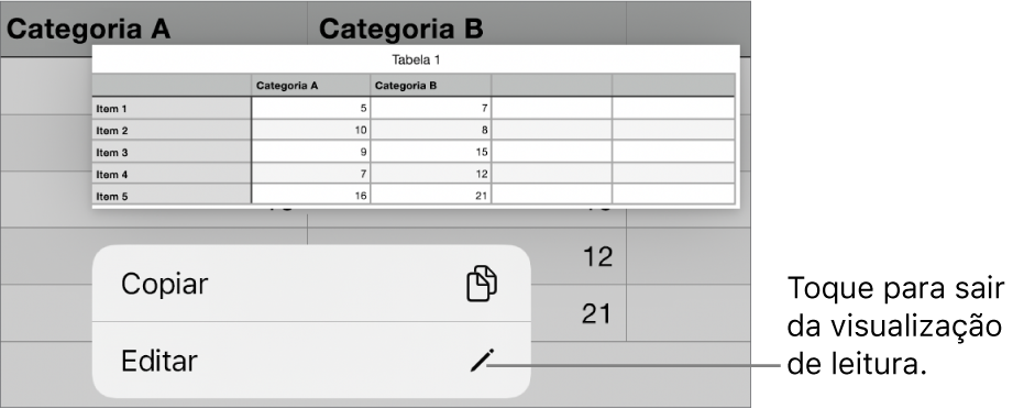 Uma célula de tabela está selecionada e acima dela está um menu com os botões Copiar e Editar.