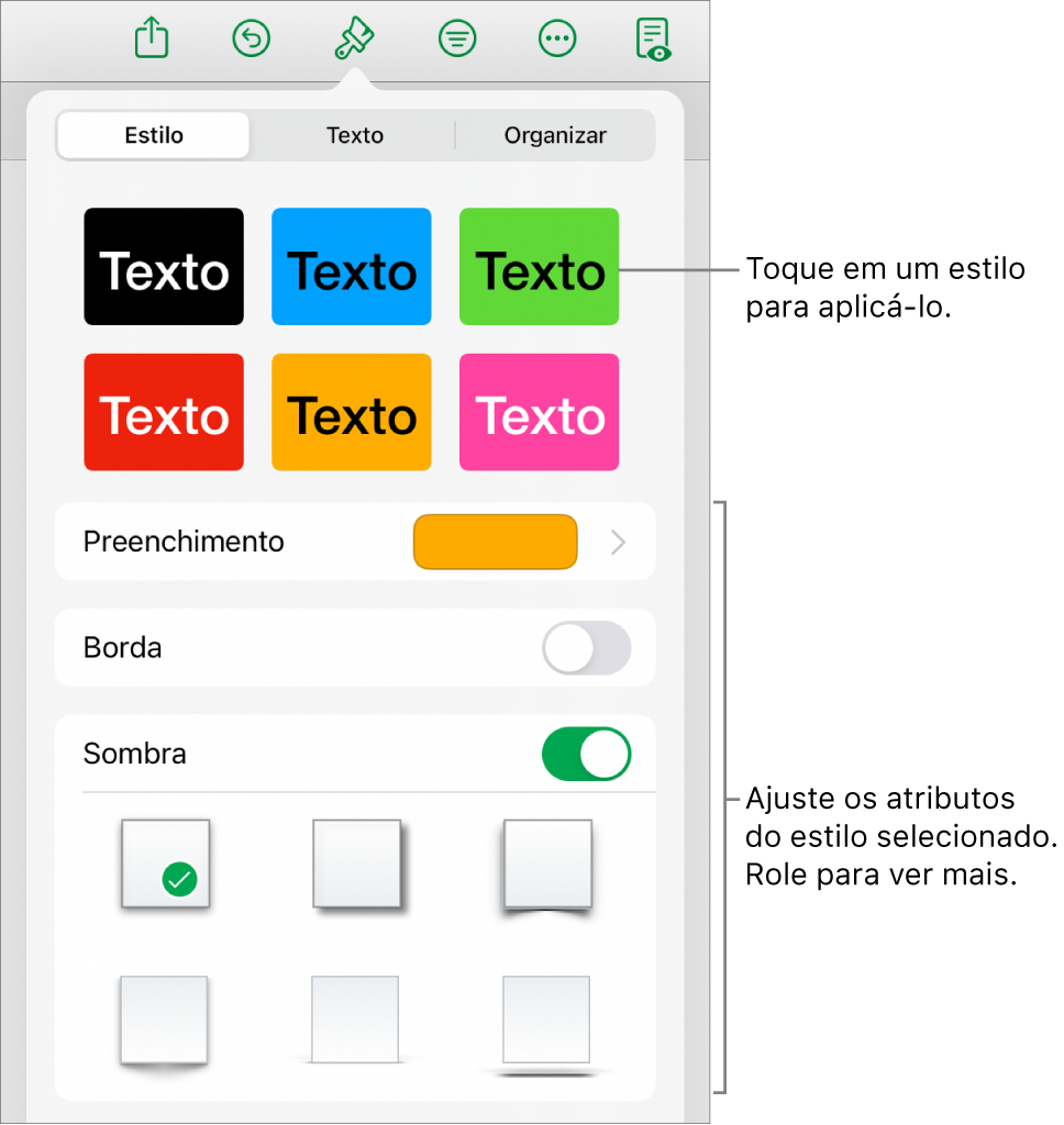 A aba Estilo do menu Formatar, com estilos de forma na parte superior e controles abaixo para alterar o preenchimento, a borda e a sombra.