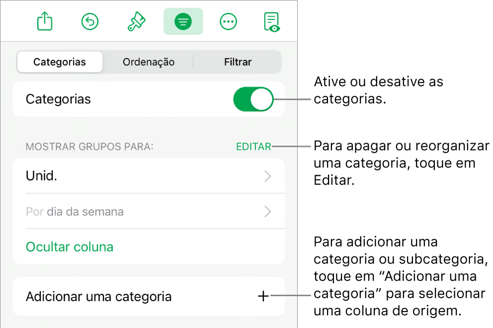 O menu "Categorias” para iPad com opções para desativar as categorias, apagar categorias, reagrupar dados, ocultar uma coluna de origem e adicionar categorias.
