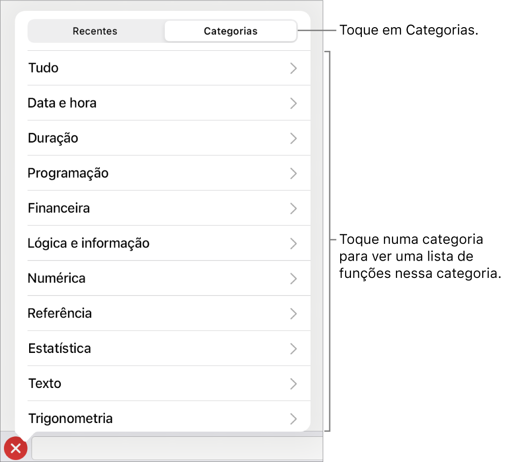 O navegador de funções com o botão "Categorias” selecionado e a lista de categorias por baixo.