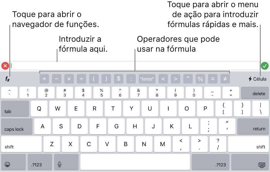 O teclado de fórmulas, com o editor de fórmulas na parte superior e os operadores utilizados nas fórmulas por baixo. O botão "Funções” para abrir o navegador de funções está situado à esquerda dos operadores e o botão de menu de ação está situado à direita.