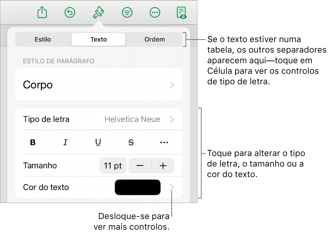 Controlos de texto no menu “Formatação” para definir estilos de parágrafo e carácter, tipo de letra, tamanho e cor.