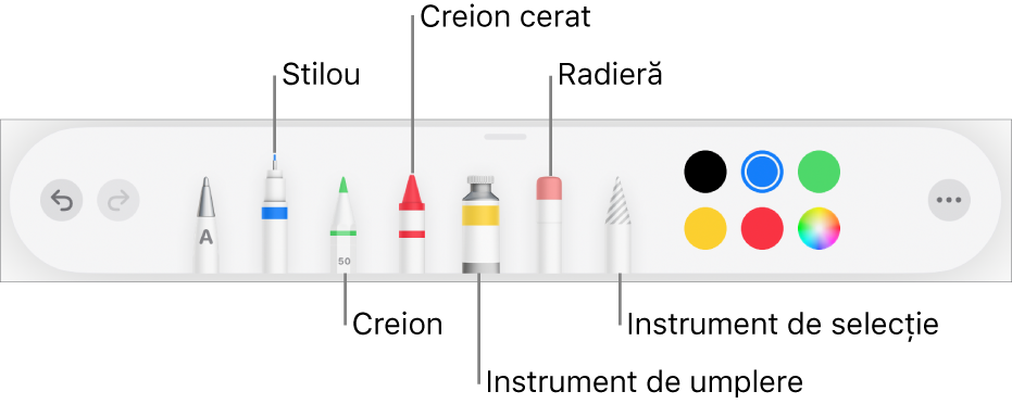 Bara de instrumentele pentru desen cu stilou, creion, creion cerat, instrument de umplere, radieră, instrument de selecție și sursă de culoare afișând culoarea curentă. În dreapta extremă este butonul de meniu Altele.