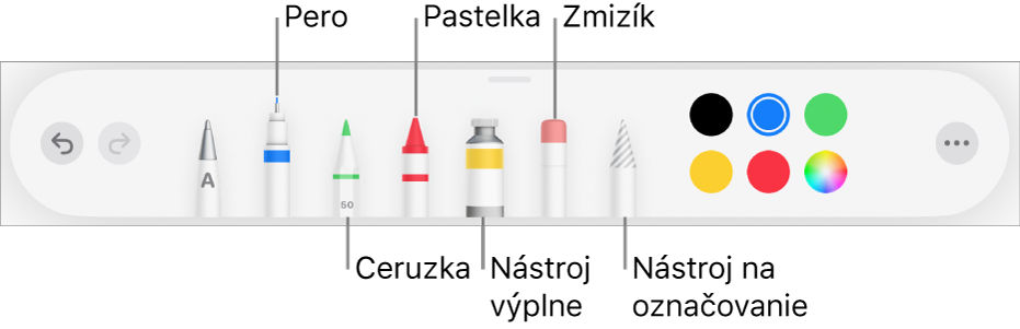 Panel s nástrojmi kreslenia s perom, ceruzkou, pastelkou, výplňou, zmizíkom, nástrojom výberu a vzorkovníkom farieb zobrazujúcim aktuálnu farbu. Úplne vpravo je tlačidlo menu Viac