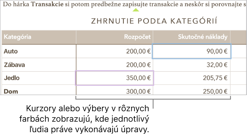 Kurzory alebo výbery v rôznych farbách zobrazujú, kde rôzni ľudia robia úpravy.