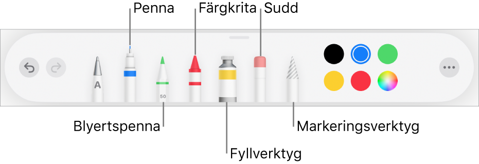 Ritverktygsfältet med en penna, blyertspenna, krita, fyllverktyg, sudd, markeringsverktyg och en färgkälla som visar den aktuella färgen. Längst till höger finns Mer-menyknappen.