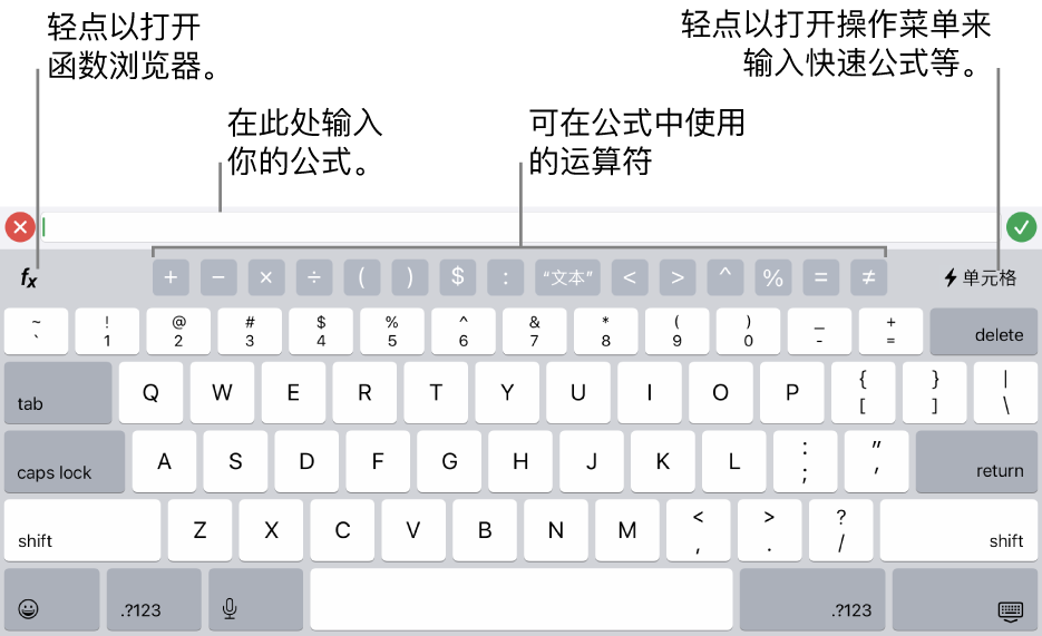 公式键盘，其中公式编辑器位于顶部，公式中所用的运算符显示在下方。用来打开函数浏览器的“函数”按钮位于运算符左边，“操作菜单”按钮位于运算符右边。