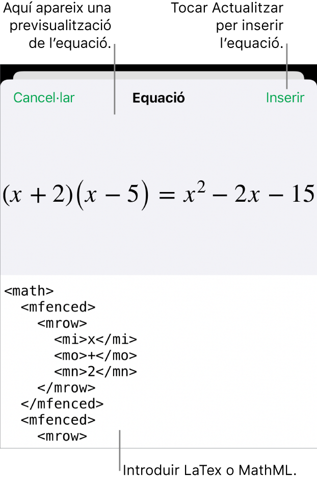 El quadre de diàleg Equació amb una equació escrita amb les ordres MathML i una previsualització de la fórmula al damunt.