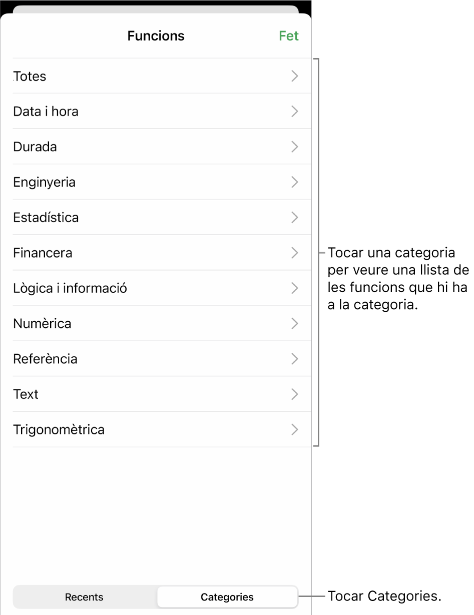 L’explorador de funcions amb el botó Categories seleccionat i la llista de categories a sota.