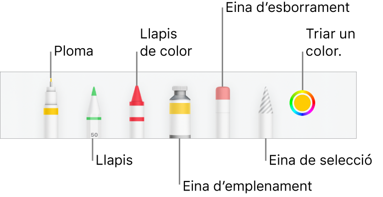La barra d’eines de dibuix al Numbers de l'iPhone, amb una ploma, un llapis, un llapis de colors, l’eina d’emplenament, l’eina d’esborrament, l’eina de selecció i la paleta de colors que mostra el color actual.