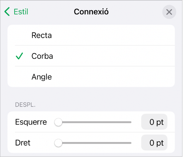 Els controls Connexió amb l’opció Corba seleccionada.